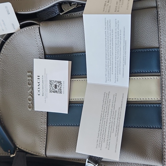 Coach Houston Grey Silver Blue Sling Backpack Leather Unisex Varsity Stripe NWT - Picture 8 of 16